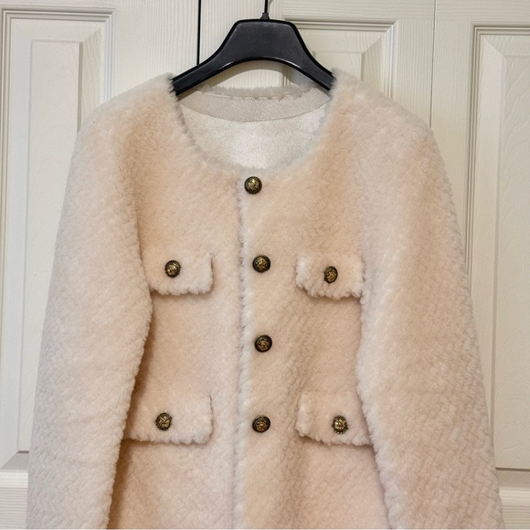 Cream Fuzzy Button-Front Jacket - Picture 3 of 13
